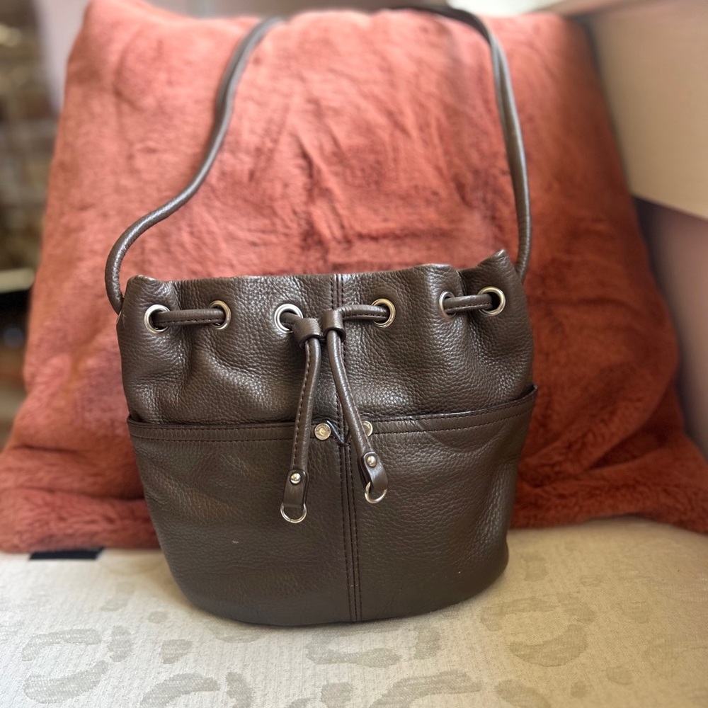 Tignanello Brown Leather Bucket Crossbody Bag